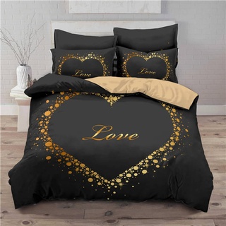 Freyamy 3D Aesthetic Bettwäsche 135x200cm 2teilig Schwarz Gold Herzmotiv Liebe Modern Mikrofaser Kinderbettwäsche Weiche Bequem Einzelbett Bettbezug mit Reißverschluss und Kissenbezug 80x80cm