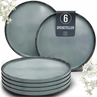 Steingut Teller Groß 6 Personen Rustic TESTSIEGER, Hochwertiges Landhaussttil Steingut Speiseteller Set, Stylisches Essteller Set, Pure Living in Rauchblau