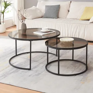 Couchtisch 2er Set 'Kokkola' Metallgestell rund Rauchglas, grau - Grau