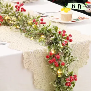 Lewondr Weihnachtsgirlande mit Beleuchtung, 1,8m 20LED Warm Batteriebetrieben Girlande Lichter mit Timer, Weihnachtsdeko Innen für Treppen Geländer Kaminsims, Olivenblätter & Rote Beerenbüschel