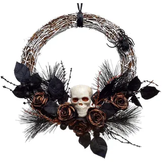 Heitmann Deco Rattan Kranz Halloween Deko Totenkopf Spinnen Rosen ca. 35 cm x 35 cm x 7 cm Gold/Braun/Schwarz