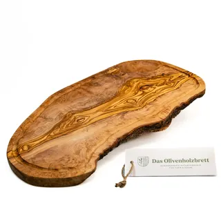 DAS OLIVENHOLZBRETT® Olivenholz Schneidebrett mit Saftrille/Servierbrett aus Olivenholz/Steakbrett/Olivenholzbrett mit Saftrille/Naturschnitt/ca. 50-54cm lang, 23-27cm breit