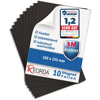 Reorda® Magnetfolie selbstklebend 10er Set - Magnetpapier mit starkem 3M-Kleber - Magnetplatte zuschneidbar für Kühlschrank, Tafeln & Poster - Magnetische Folie selbstklebend für's Basteln