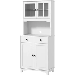 Küchenschrank Hochschrank mit Mikrowellenregal, 2 Schränken, 2 Schubladen, Vitrinenschrank mit Verstellbaren Ablagen, Kippschutz, Buffetschrank für Wohnzimmer, Esszimmer, Weiß