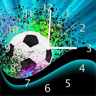 Wallario Design Wanduhr Fußball - Design Wellen und Regenbogen in blau aus Echtglas, Größe 30 x 30 cm - Schwarz