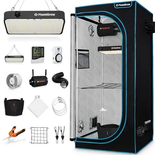 plantigrow Growbox Komplettset 150W LED Vollspektrum Dimmbar, Carbon-Filter, Ventilator, 80 x 80 x 180 cm Schwarz