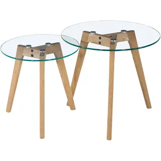 Carryhome Beistelltischset , Klar, Eichefarben , Holz, Glas , Eiche , massiv , rund , 50x45x50 cm , Wohnzimmer, Wohnzimmertische, Beistelltische