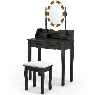Costway Schminktisch set mit 10 LED-Leuchten Schwarz , Holz , 40x145x75 cm , Schlafzimmer, Schminktische