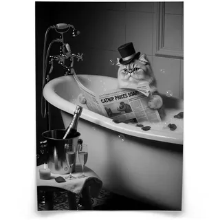 Muralo Poster für Badezimmer WC Katze in Badewanne Zeitung Abstraktion 50x70cm , Weiß, Grau, Schwarz , Papier , Tiere, Abstrakt , Rechteckig , 50x70x1 cm , Bilder & Rahmen, Bilder, Sonstige Wandbilder