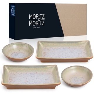 Moritz & Moritz 4-tlg. Sushi Geschirr Set für 2 Personen - Sushi Servierset mit 2x Sushi-Teller und 2x Sushi Dip-Schälchen – Beige-Lila mit Reaktiver Glasur