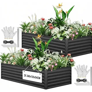 YITAHOME 2er-Set Hochbeet Metall 240x120x58cm, Hochbeete-Kit aus Verdicktem Zink-Aluminium-Magnesium-Edelstahl-Metall Hochbeete für Garten mit Stützstange & Handschuhe für Gemüse, Blumen (Schwarz)