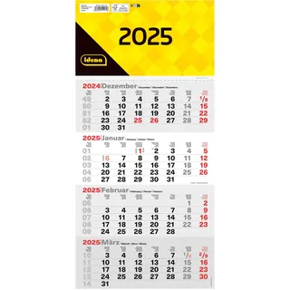 IDENA 11171-4 Monatskalender 2025 in der Größe 30 x 60 cm, Wandkalender mit Schieber, 4-sprachiger Bürokalender mit Wochenzählung