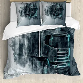 ABAKUHAUS Lastwagen Bettbezug Set, Greyscale Illustration eines Traktor-Anhängers mit Farbe schmiert Fracht-Lieferung, 200 x 200 cm + 80 x 80 cm, Türkis Grau