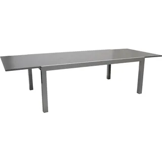 DEGAMO Ausziehtisch Gartentisch Esstisch MARINA 180/240x100cm, Aluminiumgestell silbergrau + Glasplatte grau - Grau, Silber