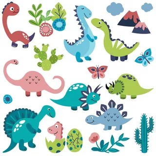 Wallfluent Wandaufkleber 100x180cm - Dinosaurier und Pflanzen , Multicolor , Kunststoff , Rechteckig , 100x180x0.1 cm , Tapeten & Wandverkleidungen, Wandtattoos & Sticker, Wandtattoos
