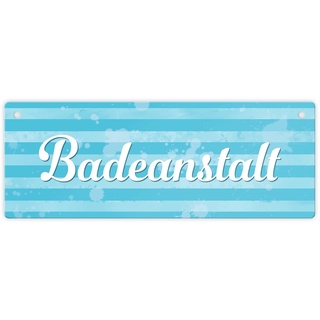 Badeanstalt Metallschild L in 10,5x28cm im maritimen Stil als Dekoration im Badezimmer, am Pool oder für das Schwimmbad um sommerliche Stimmung und Badespaß zu versprühen Metallschild L in 10,5x28cm XL Das Schild ist dekorativ und kann als Aushängeschild fürs Badezimmer genutzt werde