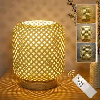 Klighten LED Tischlampe Rattan aus Naturale Bambus und Holz Innen Mit Akku Kabellose, Tischleuchte Batteriebetrieben, 5500mah Dimmbar, Mit Fernbedienung, 3 Farbtemperatur, 7W, mit E27 Leuchtmittel