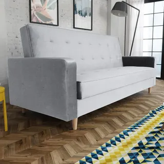 Schlafsofa im skandinavisches Stil Bamako Polstersofa mit Holzbeine Sofa mit Schlaffunktion Bettkasten Couch aus Velour, Farbe: Grau, Paros 05 - Hellgrau
