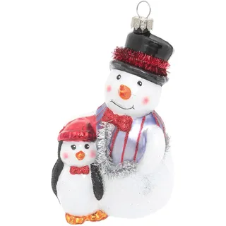 Christbaumschmuck KREBS GLAS LAUSCHA "Schneemann mit Puinguin", weiß, B:7,5cm H:14cm T:8,5cm, Glas, Weihnachtsbaumschmuck, Christbaumschmuck, Christbaumschmuck aus Glas, mundgeblasen, handgefertigt, Schneemann