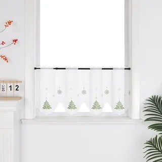 Joyswahl Scheibengardine Voile Bistrogardinen durch Lochleiste Transparent Kurzstores mit Weihnachten Muster Weihnachtsgardine mit grünes Weihnachtsbaum-Muster HxB 45x140cm 1er Pack