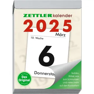 Zettler - Tagesabreißkalender XL, 8,2x10,7cm, Abreißkalender mit Sudokus, Rezepten und Rätseln, Sonnen- und Mondzeiten, Namenstage, mit Aufhängung und deutsches Kalendarium