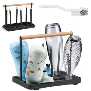 Flaschenhalter mit Flaschenbürste für SodaStream, Abtropfgestell Flaschen für SodaStream Crystal und Emil Flaschen, Tassenhalter für 6 Flaschen, Flaschentrockner mit Abtropfschale