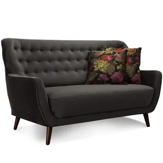 CAVADORE 2-Sitzer-Sofa Abby / Retro-Couch mit Samtbezug und Knopfheftung / 153 x 89 x 88 / Samtoptik, grau