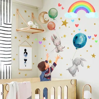 Leuchtsterne Kinderzimmer Deko Wandtattoo, Wandsticker Leuchtender Häschen, Regenbogen/Sterne Leuchtend Selbstklebend Wandaufkleber, Leuchtsticker Kinderzimmer, Geschenke Wanddeko für Junge Mädchen