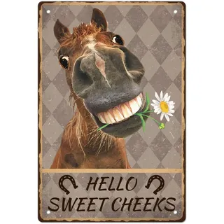 GLOBLELAND Vintage-Metall-Pferd-Blechschild Lustiges Retro-Metallwanddekor „Hello Sweet Cheeks“ Dekoratives Blechschild Kunstplakette Poster 8,12 x (5),(1) cm Für Zuhause Küche Bar Café Club