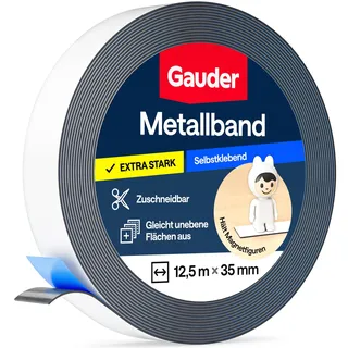 GAUDER Metallband selbstklebend für Magnete (12,5 m x 35 mm - weiß) | Magnethaftband, Magnetleiste & Metallstreifen für Tonie-Figuren und Regale - biegsames Ferroband zum Basteln und Organisieren