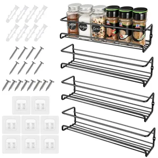 Miiepls 4er Set Gewürzregal, Gewürzregal Wand Metall Ohne Bohren mit 8 Selbstklebende Haken und Schrauben, Spice Rack für Küche Schranktür, Schwarz - 29×6,8×6,5CM