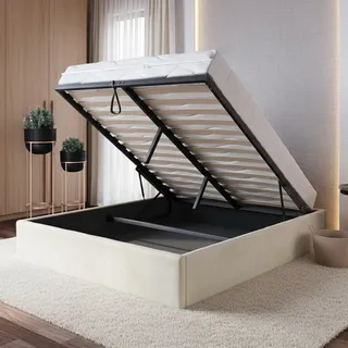 Home Collective Polsterbett, 120x200/140x200/160x200 Stauraumbett, Schlafzimmerbett, Bett mit Stauraum Lattenrost Metallrahmen Samtpolsterung Doppelbett platzsparend ohne Kopfteil 140x200 cm | Beige - Beige