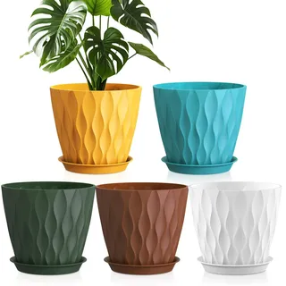 WSMKSZ 20 cm Blumentöpfe, 5er Set Dick Kunststoff Pflanztöpfe mit Untersetzer und Abflusslöchern, 3D-Wellentextur Übertopf für Monstera, Geranie & Innen Außen Pflanzen, Bunt