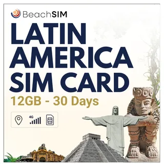 BeachSIM SIM Karte Südamerika 30 Tage. 12 GB Datenvolumen mit 4G/5G-Netz. Costa Rica, Brasilien, Puerto Rico und mehr als 9 weitere Länder in Lateinamerika. Nur Prepaid-Daten.