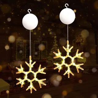 Gresonic LED Schneemann Schneeflocke 2 Stück, LED Lichtervorhang Warmweiß Batteriebetriebene mit Saugnäpfe, Fenster Lichterkette Innen für Weihnachten Deko, Balkon, Party, Hochzeit,Fest