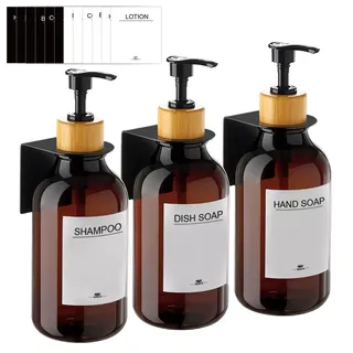 RISAKOGO Seifenspender Wandbefestigung Ohne Bohren,3er Set 500ml Seifenspender Wand Braun Schampoospender Dusche Spülmittelspender Shampoo Spender für Küche Bad