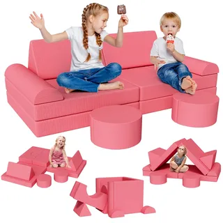 Clevich Spielsofa für Kinder, 15-Teiliges Modulare Kinderspielcouch, Kindersofa ausklappbar, Oeko-TEX100 Zertifiziert, Schlafsofa aus Schaumstoff, für Kuschelecke im Kinderzimmer, Kuschel-Cord (Rosa)