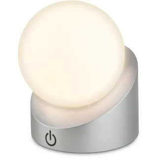 BRILONER - Mini LED Tischlampe kabellos IP54 mit Touch, dimmbar in Stufen, Akku & Lichtquelle tauschbar, Nachttischlampe, Kugel, LED Lampe, Akku Tischleuchte, Outdoor Lampe, 10x8x9 cm, Chrom-Matt