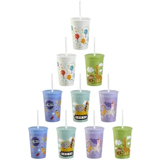 Engelland 10 x Kinderbecher mit Deckel und Strohhalm, BPA-frei, Bunte Mischung, Kunstoffbecher, Trinkbecher, Party-Becher, Plastik, Trink-Gläser, Mehrweg 0,33l