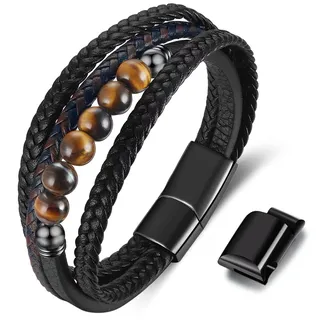 Gkmamrg Armband Herren Leder Geschenke für Männer - Lederarmband Naturstein Tigerauge Stein Perlenarmband Männer Armband