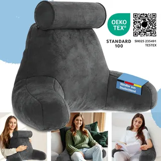 Eloneo Rückenkissen mit Armlehnen für Bett & Sofa waschbarer abnehmbarer Bezug Kissen 1 St Anthracite