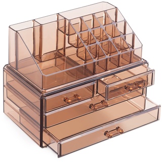 Navaris Schmink Aufbewahrung Organizer - Kosmetik Aufbewahrungsbox aus Acryl durchsichtig - Halter mit Schubladen und Fächern - 2in1 Design - Braun