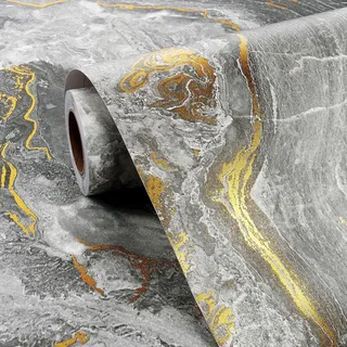 FunStick Grau Gold Selbstklebende Tapete Marmoroptik Klebefolie Möbel Marmor Folie Arbeitsplatte Küche Marmoroptik Möbelfolie Badezimmer Küche Grau Gold Wasserfest Marmor Tapete für Wand 40CM×2M
