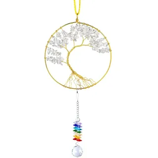 KYEYGWO Kristall Regenbogen Sonnenfänger mit Edelstein Baum des Lebens, Stein Aufhängene Handgemacht Traumfänger Lebensbaum Hängedeko für Haus Garten Fenster Souvenir, Bergkristall
