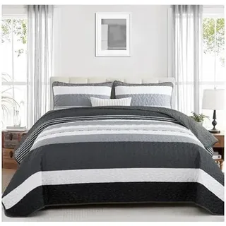 WONGS BEDDING Tagesdecke 220x240 Schwarz Weiß Schlieren Bettdecke 3 teilig Doppelbett Gesteppt Bettüberwurf Mikrofaser Wohndecke mit 2 Kissenbezug 50x75 für Schlafzimmer Sofaüberwurf