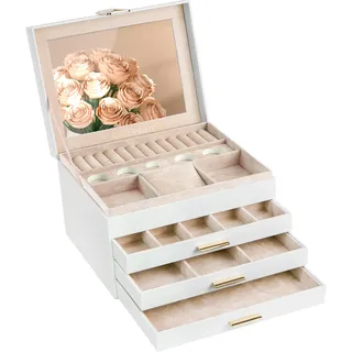 ADEL DREAM Schmuckkästchen Schmuckkasten mit 4 Ebenen Schmuckbox mit Verschluss große Schmuckstücke Schmuckaufbewahrung Geschenke für Damen Töchter und Freunde an Geburtstagen Cremefarben