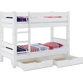 Stockbett 100x200 Massivholz Kiefer weiß Nische 80cm teilbar Zubehör wählbar V-60.16-10WT80Rollrost und Doppelbettkasten inkl. - Weiß