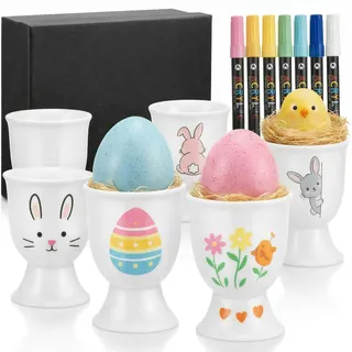 Sinmoe 6er Eierbecher Keramik Ostern Eierbecher zum Bemalen Porzellan Weiss mit 12 Stück 24 Farben Porzellanstifte Ostergeschenke DIY Keramik Bemalen Set für Mädchen Junge zum Ostern Frühling