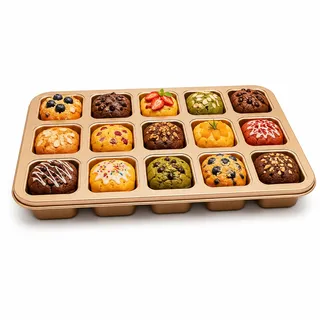 Gurlideo Brownie Backform für 12 Kuchen, Mini Längliche Kuchenform, Antihaft Kohlenstoffstahl, Antihaft Mini Kastenform für Muffin Kuchen Brötchen (Golden)