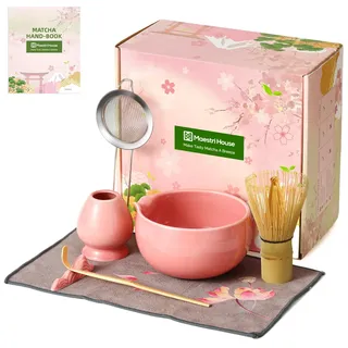 Maestri House Matcha Besen Set Geschenkset 7-Teilig in Rosa | Japanisches Matcha Zubehör Set mit Ausgießer-Schale, Bambus Chasen & Halter, Hochwertige Geschenkidee für Matcha Liebhaber